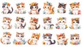 Watercolor collection of cute kittens with floral wreaths. Cartoon little cats with flowers, stickers