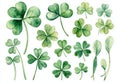 A watercolor collection featuring hand-drawn four-leaf clovers and shamrocks. Royalty Free Stock Photo