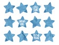 Watercolor collection of five pointed navy blue stars and handwritten words: `Little Star`, `Dream Big`, `To The Moon`.