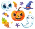 Watercolor set of Halloween illustrations. Hand drawn holiday autumn icons. Pumpkin, skull, ghost, magic hat. Witch artifacts,
