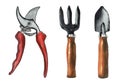 Watercolor collection of illustrations of garden tools. Secateurs, rake and shovel. Royalty Free Stock Photo