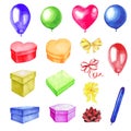 Watercolor collection of images of different boxes, ribbon bow,