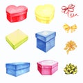 Watercolor collection of images of different boxes and ribbons.