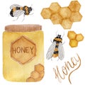 Watercolor collection, jar, honey comb, bees, simple text isolated on white background. For various products, card etc.