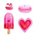 Watercolor collection with kiss lips, ice cream and macaroon. Isolated girly design elements for stickers or greeting cards. Valen