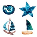 Watercolor collection of nautical design elements with starfish and sailboats