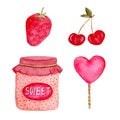 Watercolor collection with strawberry, cherry, candy and jam. Isolated sweets design elements for labels, stickers or greeting car