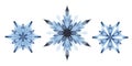 Watercolor collection of three different beautiful snowflakes isolated on white background. Hand drawn illustration of