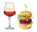 Watercolor collection beer glasses with snacks on white background.