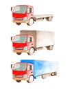 Watercolor a collection of trucks with a red cabin, but different open and closed bodies on a white background