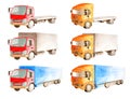 Watercolor a collection of trucks with a red and orange cabin, but different open and closed bodies