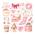 Watercolor collection of valentines day attributes. Illustration of pink hearts, cute cup, flowers, cake, donut, birdhouse. Love