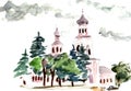Watercolor color drawing travel sketch church among the greenery in the city of Valdai Russia
