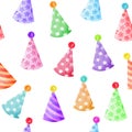 Watercolor color party hats seamless pattern on white background