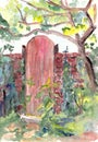 Watercolor color sketch of a door to a secret garden among trees and greenery Royalty Free Stock Photo