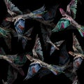 Watercolor colored birds on black background. Seamless pattern.