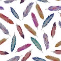 Watercolor colored feathers.Pattern.