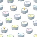 Watercolor colored floating candles seamless pattern. Hand drawn illustration on white background for cards, decoration, wrapping