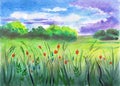 Watercolor and colored pencil illustration of summer landscape with green fields Royalty Free Stock Photo