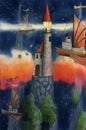 Watercolor and colored pencils magical lighthous with clouds, sky and flying boats.