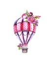 Watercolor colorful air balloon with flowers. Colorful illustration isolated on white. Hand painted airship with peonies perfect Royalty Free Stock Photo