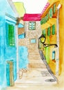 Watercolor colorful Ancient alley painting .