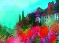 Watercolor colorful b background handmade . Mediterranean landscape . Painting of architecture and vegetation of the sea coast Royalty Free Stock Photo