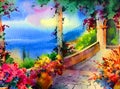 Watercolor colorful background handmade . Mediterranean landscape . Painting of architecture and vegetation of the sea coast Royalty Free Stock Photo