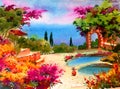 Watercolor colorful background handmade . Mediterranean landscape . Painting of architecture and vegetation of the sea coast Royalty Free Stock Photo