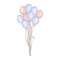 Watercolor colorful balloon bunches.Pastel blue,peach and beige balloons illustration isolated on white background. Birthday.