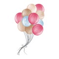 Watercolor colorful balloon bunches. Watercolor pastel blue,red and brown balloons illustration.