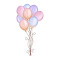 Watercolor colorful balloon bunches. Pastel pink,peach,purple,orange and blue balloons illustration isolated on white background.