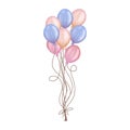 Watercolor colorful balloon bunches. Purple,peach,blue,orange and beige balloons illustration isolated on white background.