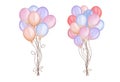 Watercolor colorful balloon bunches. Set of pastel colorful balloons illustration isolated on white background. Birthday party.