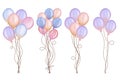 Watercolor colorful balloon bunches. Set of pastel colorful balloons illustration isolated on white background. Birthday party.