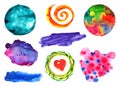 Watercolor colorful blot blob spot shape circle heart texture background isolated art set