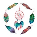 Watercolor colorful boho composition of dream catcher and 6 feathers.