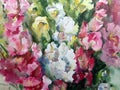 Watercolor colorful bright textured abstract background handmade . Floral pattern .Bouquet of gladiolus flowers in the garden .