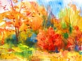 Watercolor colorful bright textured abstract background handmade . Landscape . Painting of the Kiev botanical garden in autumn , Royalty Free Stock Photo