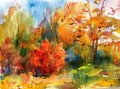 Watercolor colorful bright textured abstract background handmade . Landscape . Painting of the Kiev botanical garden in autumn , Royalty Free Stock Photo