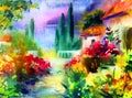 Watercolor colorful bright textured abstract background handmade . Mediterranean landscape . Italy