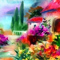 Watercolor colorful bright textured abstract background handmade . Mediterranean landscape . Painting of architecture of town