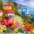 Watercolor colorful bright textured abstract background handmade . Mediterranean landscape . Painting of sea coast