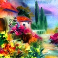Watercolor colorful bright textured abstract background handmade . Mediterranean landscape . Painting of architecture of town