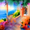 Watercolor colorful background handmade . Mediterranean landscape . Painting of architecture and vegetation of the sea coast Royalty Free Stock Photo