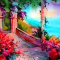 Watercolor colorful background handmade . Mediterranean landscape . Painting of architecture and vegetation of the sea coast Royalty Free Stock Photo