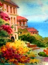 Watercolor colorful background handmade . Mediterranean landscape . Painting of architecture and vegetation of the sea coast Royalty Free Stock Photo