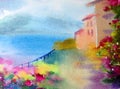 Watercolor colorful background handmade . Mediterranean landscape . Painting of architecture and vegetation of the sea coast Royalty Free Stock Photo