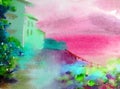 Watercolor colorful background handmade . Mediterranean landscape . Painting of architecture and vegetation of the sea coast Royalty Free Stock Photo