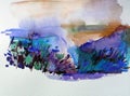 Watercolor colorful bright textured abstract background handmade . Mediterranean landscape . Painting of hill on the sea coast